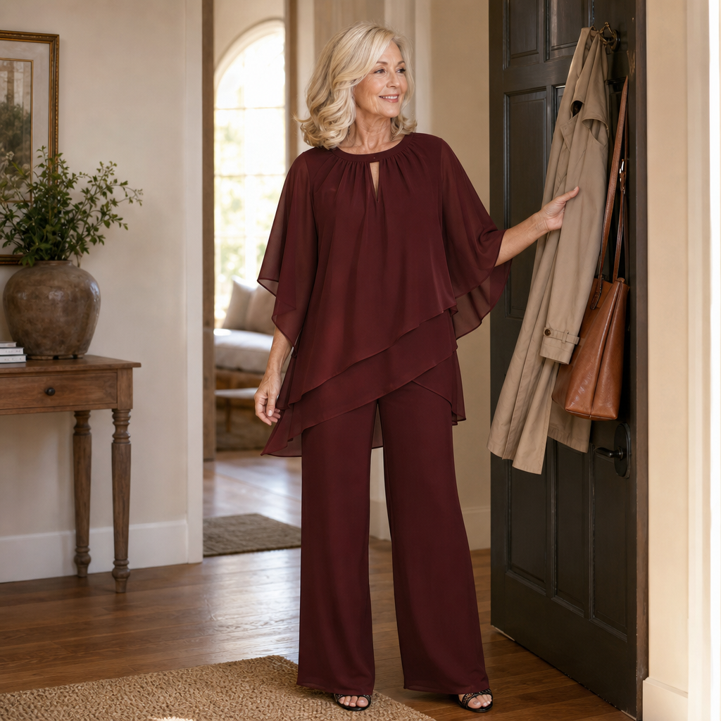 Draperie – Asymmetric Chiffon-Overlay Wide-Leg Trouser Set