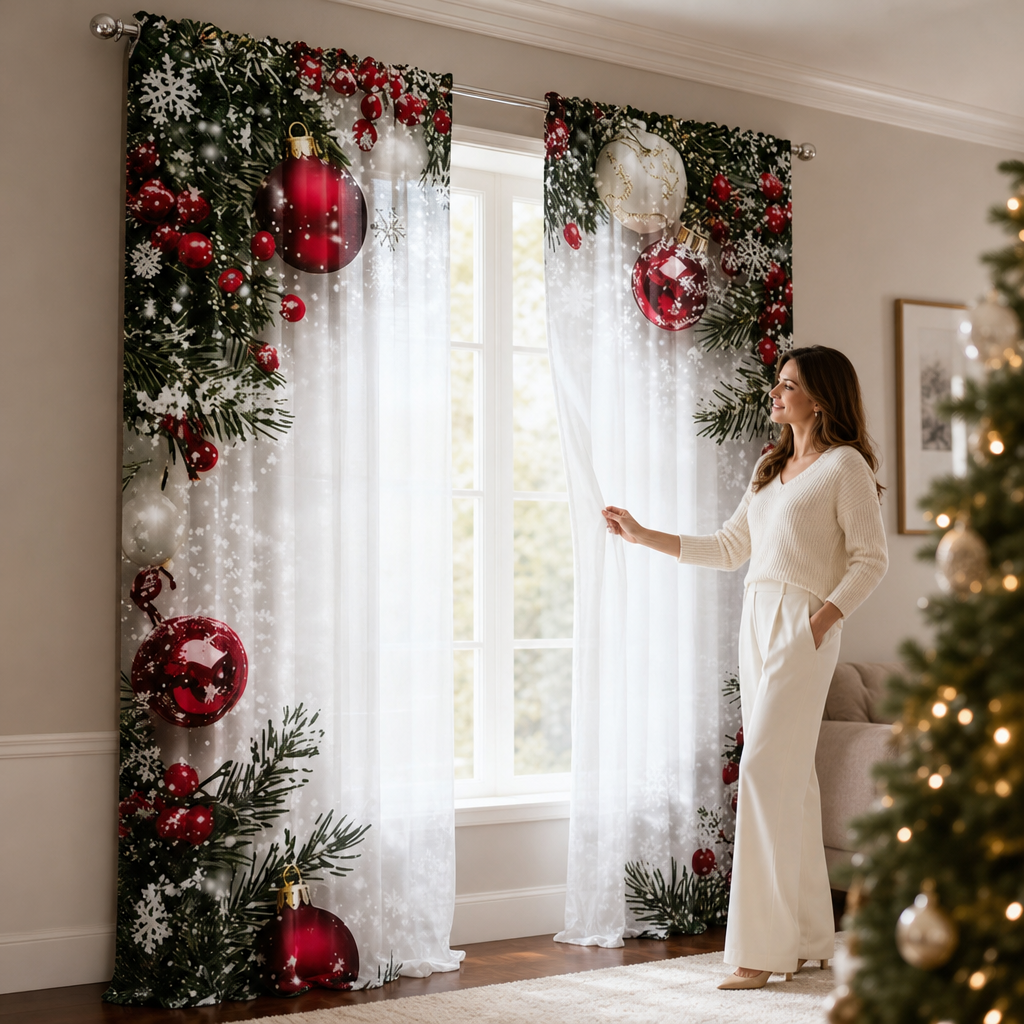 Yuletide Glow – Christmas Print Semi-Sheer Curtain Panels