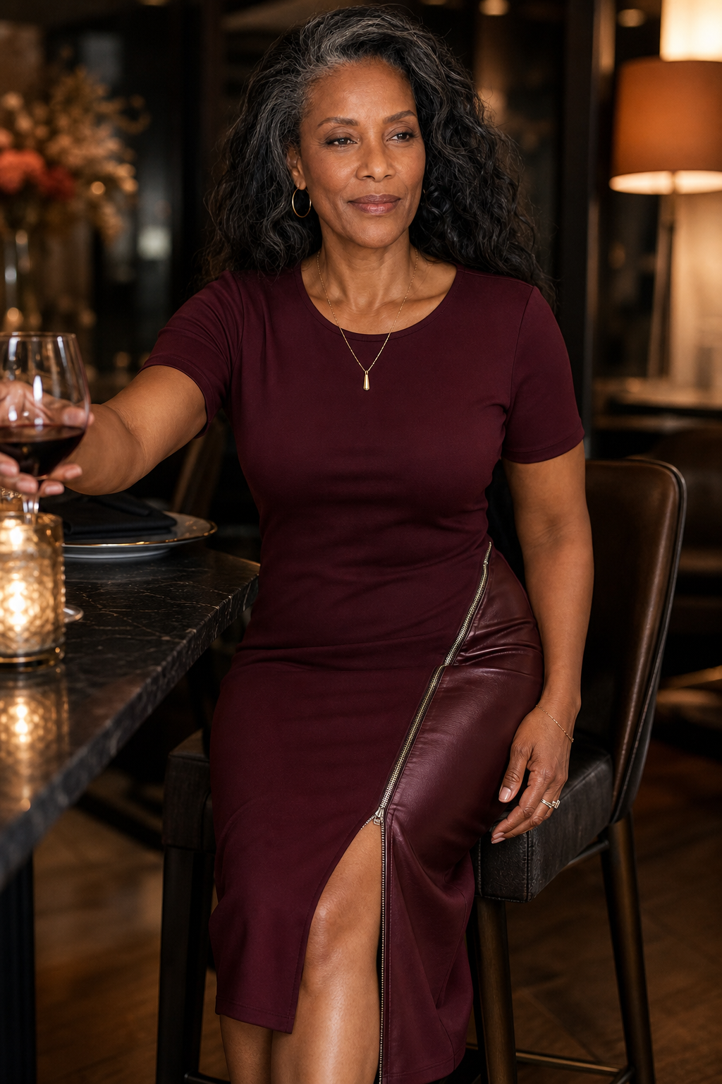 Sixpm – Diagonal Zip PU Panel Bodycon Dress