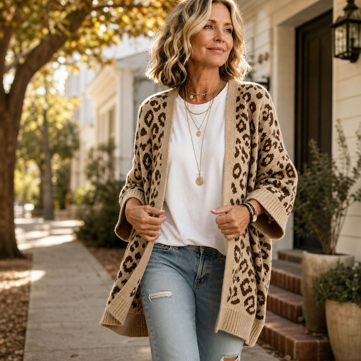 Léofur – Leopard Print Open-Front Knit Cardigan