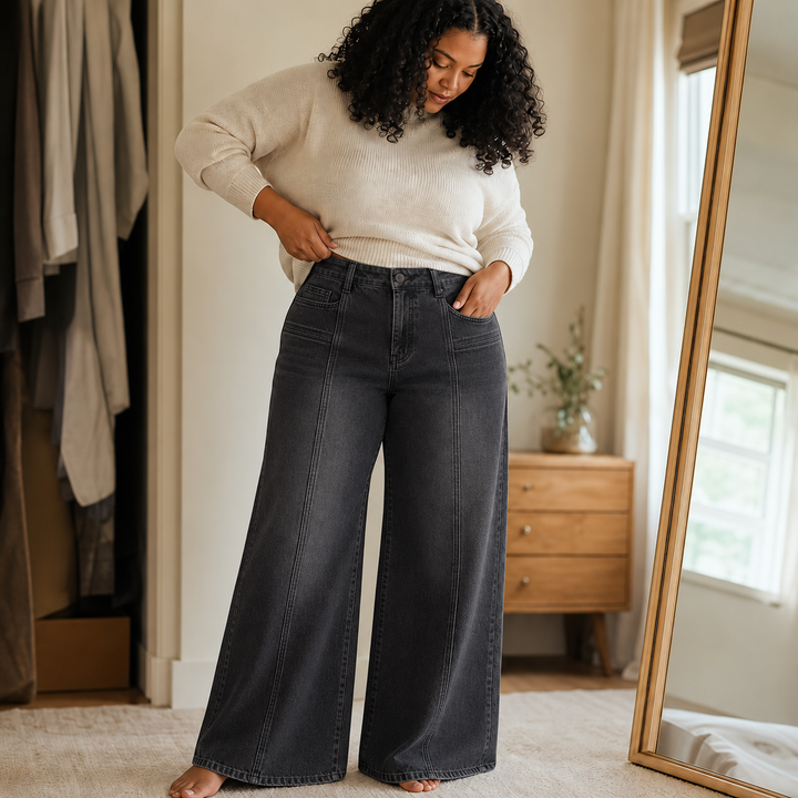 Longline Denim – High-Waisted Wide-Leg Seam Jeans