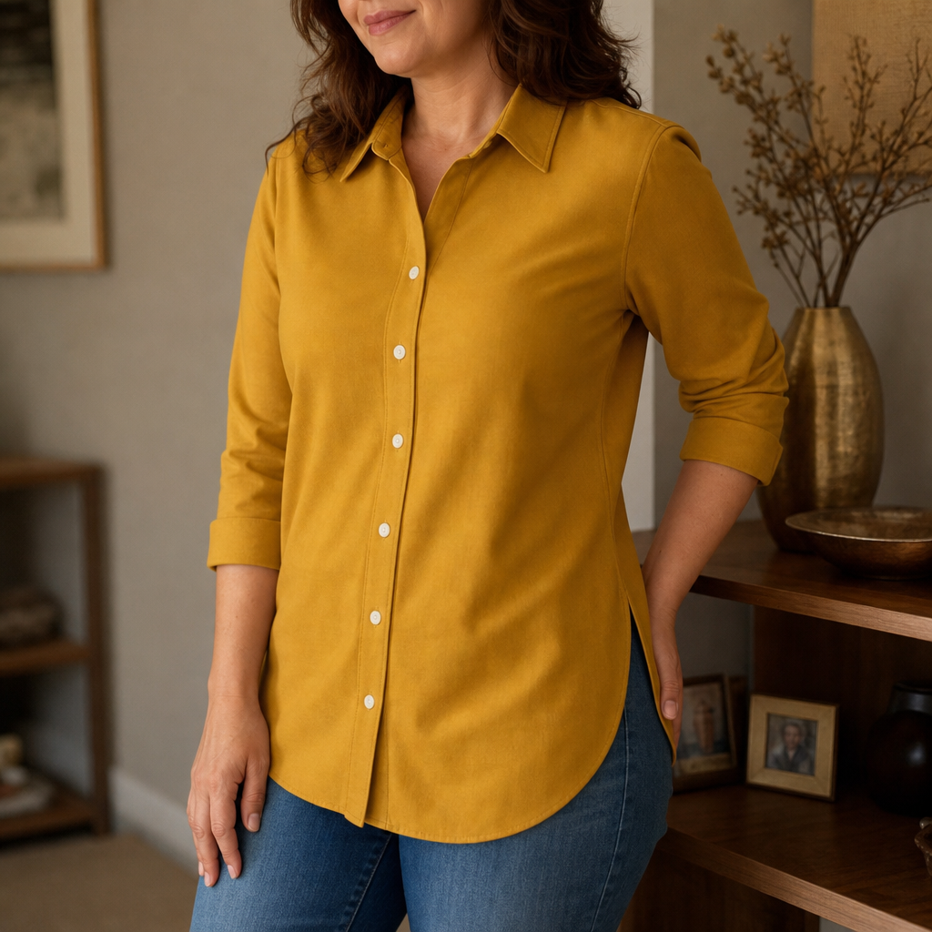 Elara Curve – Curved-Hem Stretch Button-Front Shirt