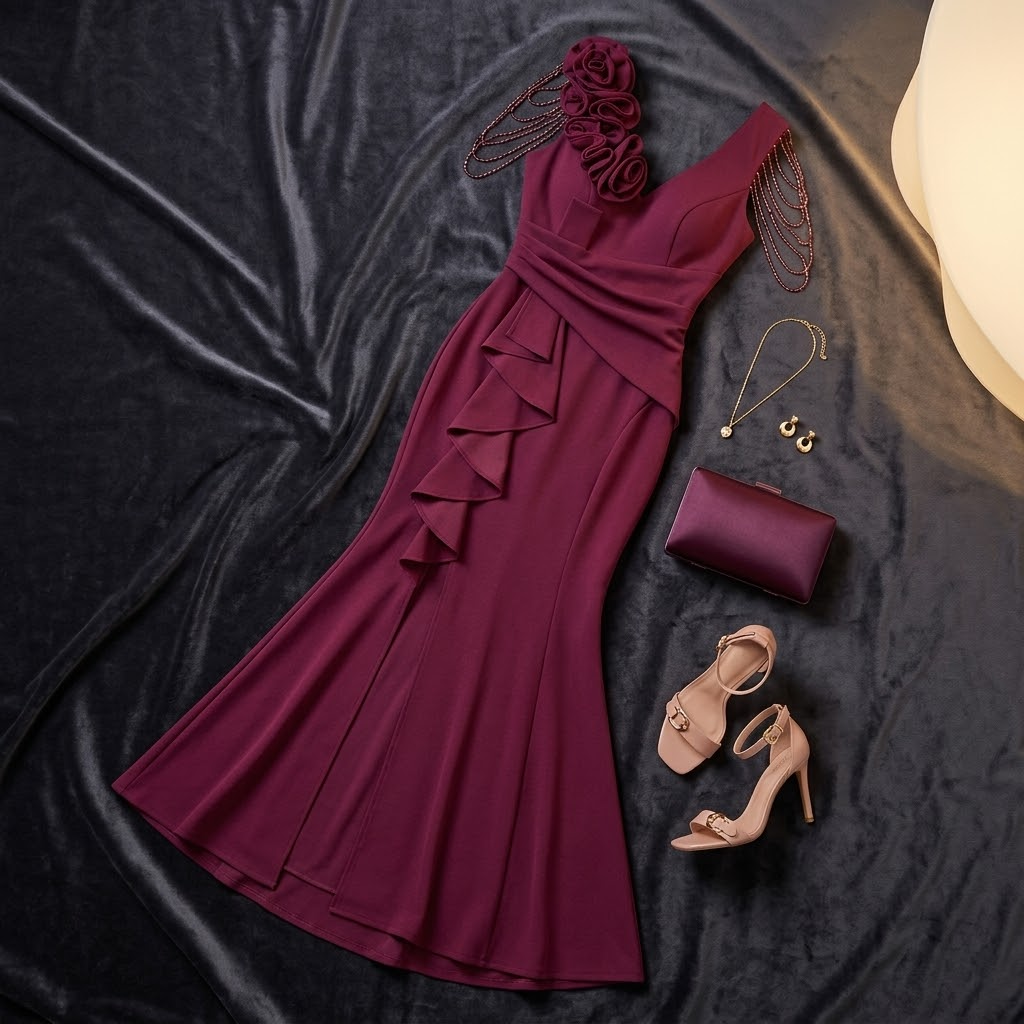 Roselani™ – Rosette Shoulder Mermaid Evening Gown