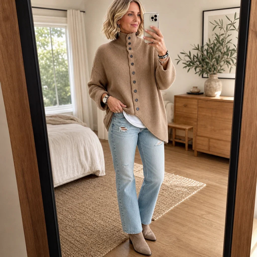 Sorella – Ribbed Asymmetric Button-Front Sweater