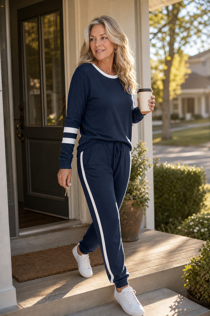 Cozelle – Striped Trim Crewneck Two-Piece Lounge Set