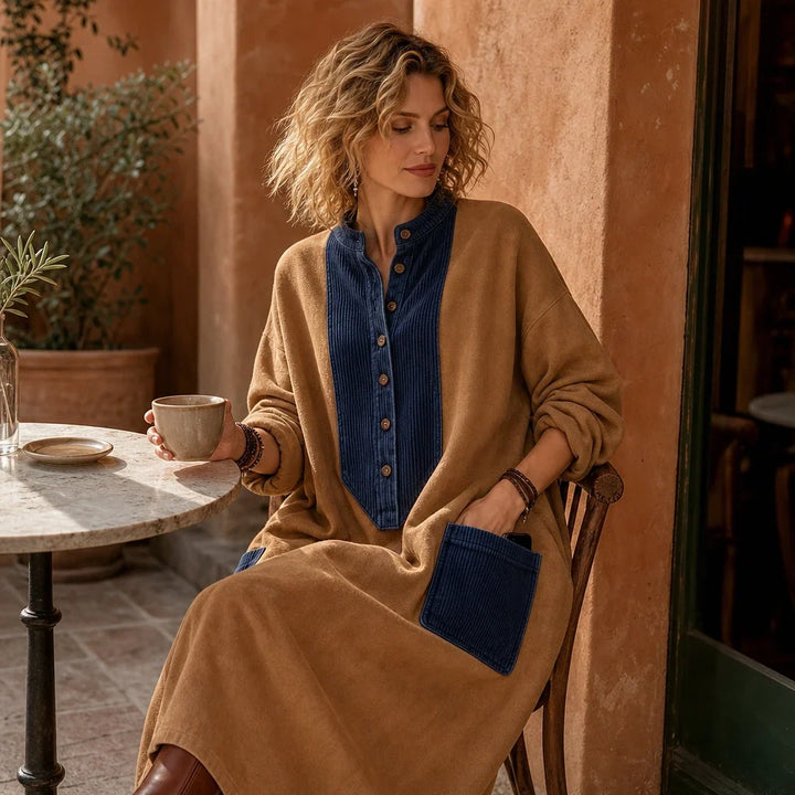 Boho Casual Cozy Colorblock Faux Suede Maxi Dress