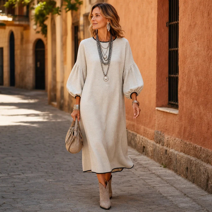 Vivelyn – Textured Knit Puff Sleeve Midi Dress
