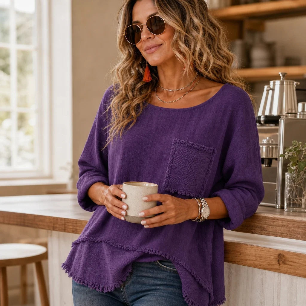 Marlowe – Crinkle-Textured Frayed-Trim Tunic Top