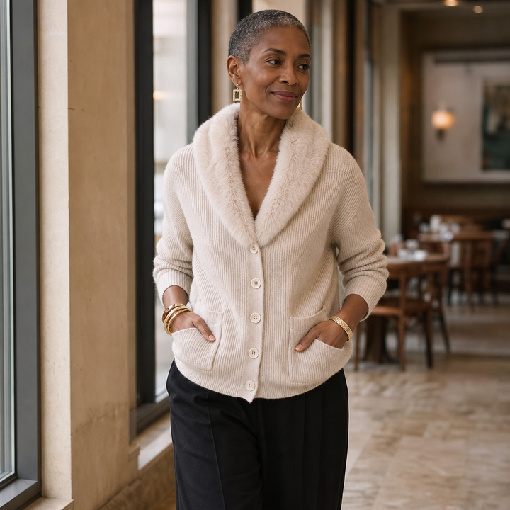 Shaguna – Shaggy Collar Ribbed Knit Cardigan