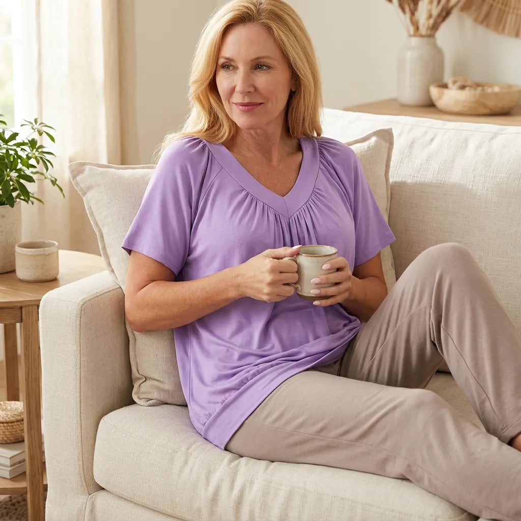 Velora – Pleated V-Neck Tunic Top for Women, Soft Drape Casual Blouse