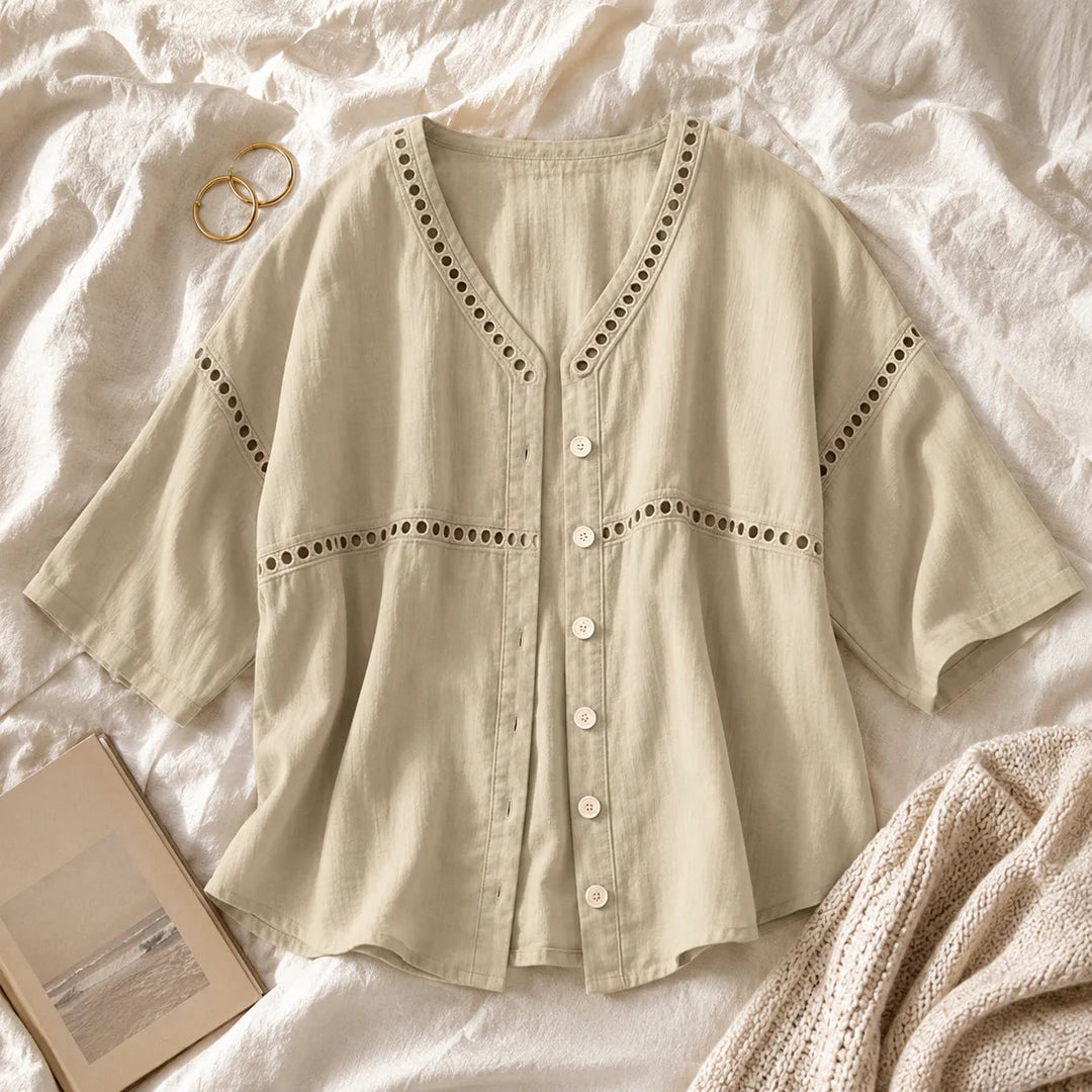 Loralee – Women's Lace Look-Trim Button-Up Blouse with Soft V-Neck Drape
