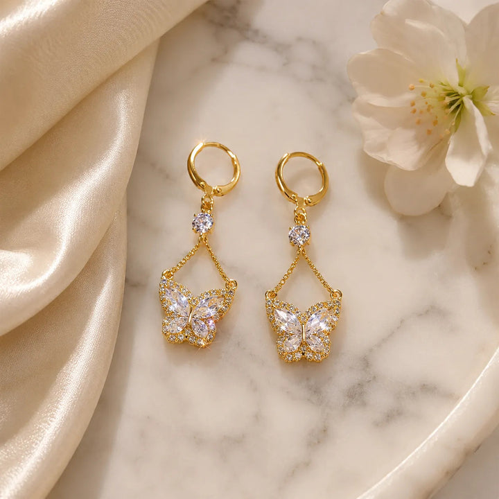 Papillore – Sparkling butterfly drop earrings, gold-plated cubic zirconia, delicate everyday elegance