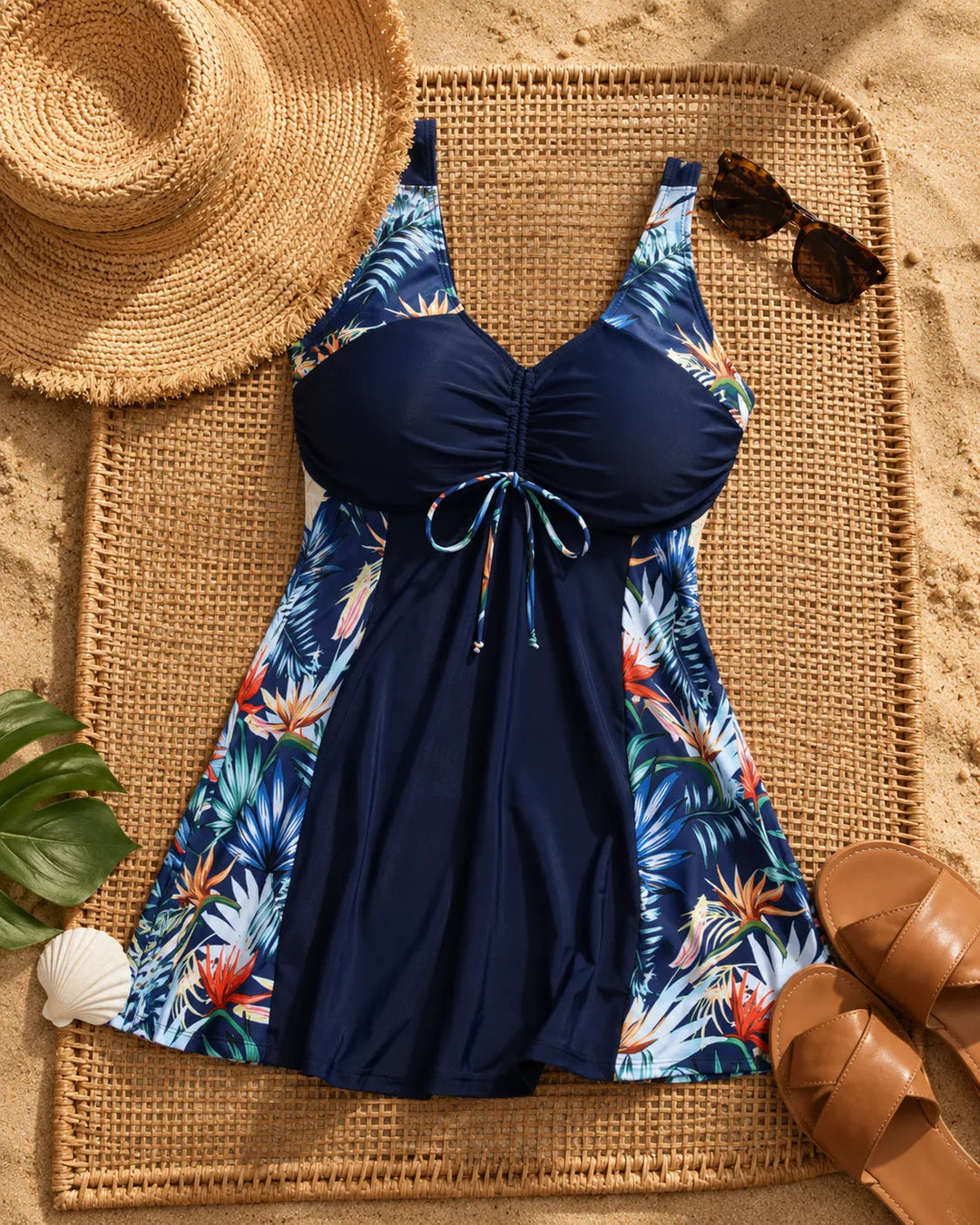 Solmara – Plus Size Printed Swimdress with Built-in Shorts, V-Neck Tie-Front