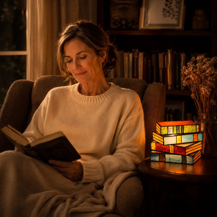 Lumira – Stained Glass Book Stack Table Lamp for Bedside & Reading Book