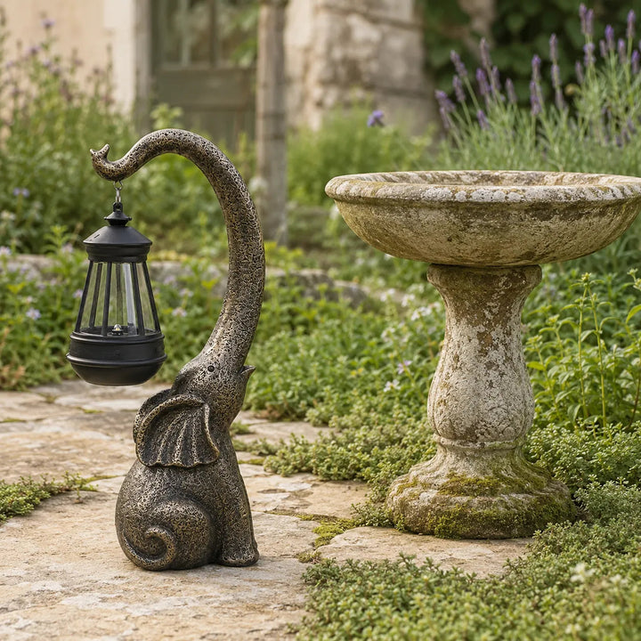 Lumeria – Aged Bronze Look Elephant Solar Lantern Garden Statue