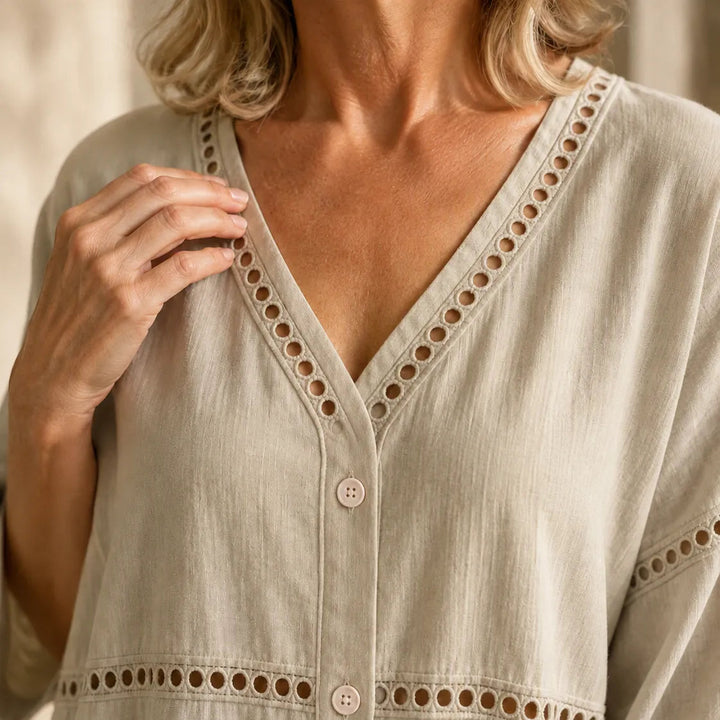 Loralee – Women's Lace Look-Trim Button-Up Blouse with Soft V-Neck Drape