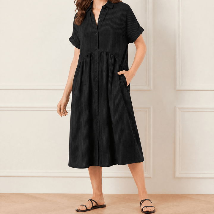 Linara™ – Striped Midi Shirt Dress with Pockets Black / XS