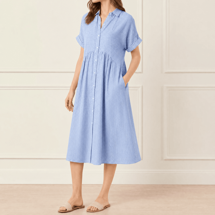 Linara™ – Striped Midi Shirt Dress with Pockets Blue / XS