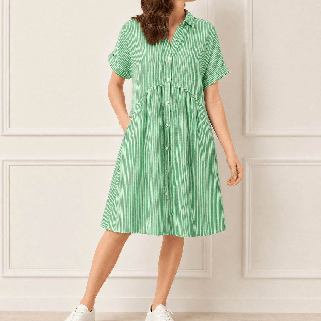 Linara™ – Striped Midi Shirt Dress with Pockets Green / XS
