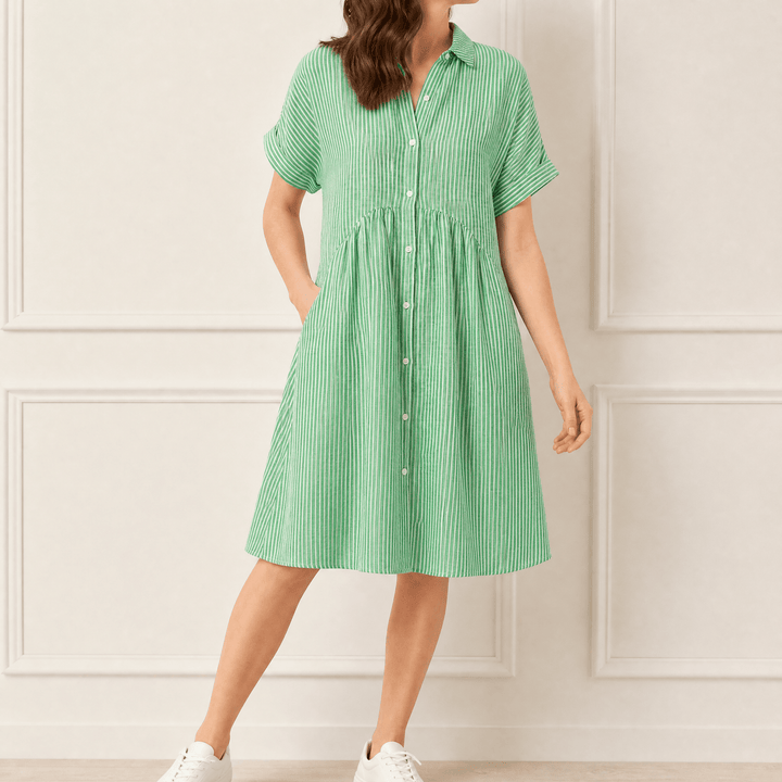 Linara™ – Striped Midi Shirt Dress with Pockets Green / XS