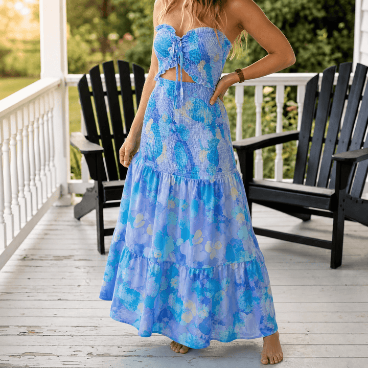 Liriosa™ – Palm-Print Strapless Maxi Dress Blue Floral / S