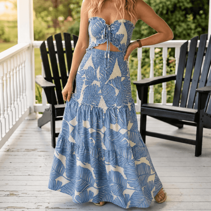 Liriosa™ – Palm-Print Strapless Maxi Dress Dusty Blue Palm / S