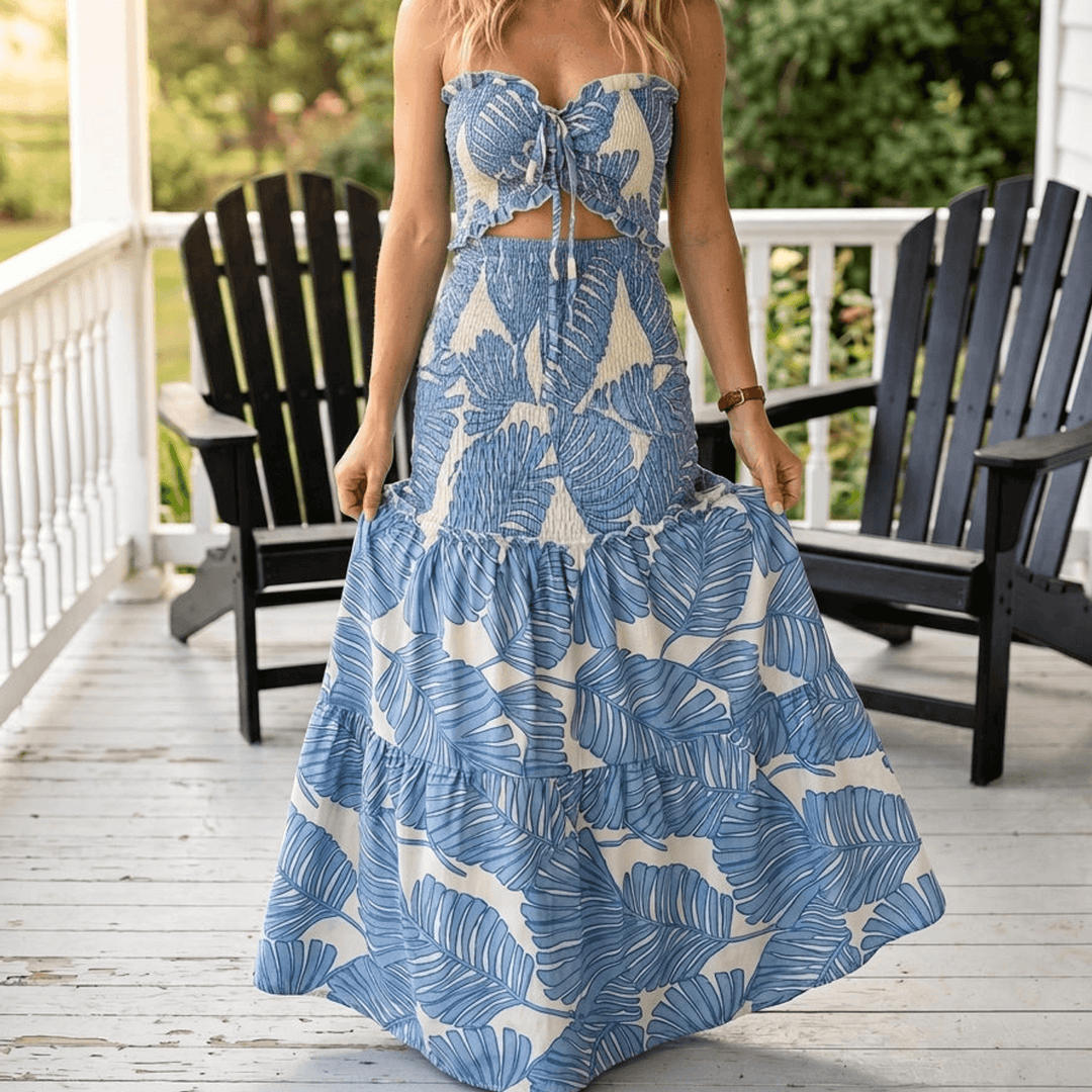 Liriosa™ – Palm-Print Strapless Maxi Dress