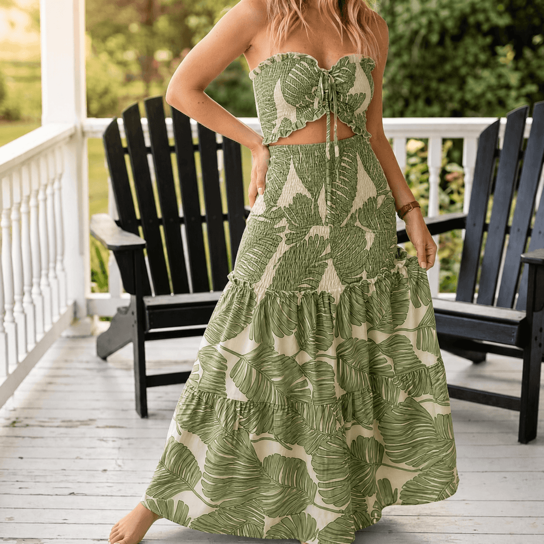 Liriosa™ – Palm-Print Strapless Maxi Dress Sage Green Palm / S