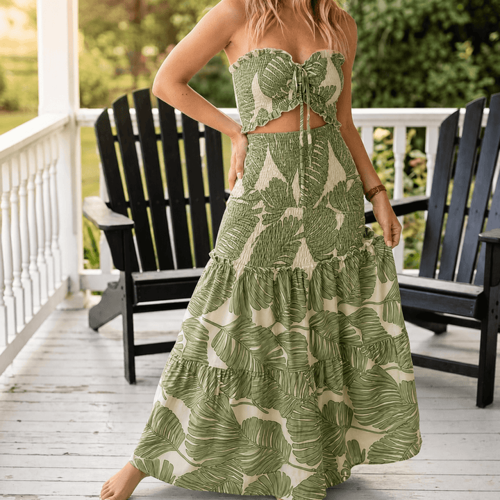 Liriosa™ – Palm-Print Strapless Maxi Dress Sage Green Palm / S