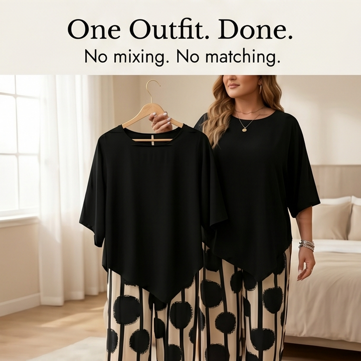Luna™ – Asymmetric Drape 2-Piece Set with Wide-Leg Print Pants