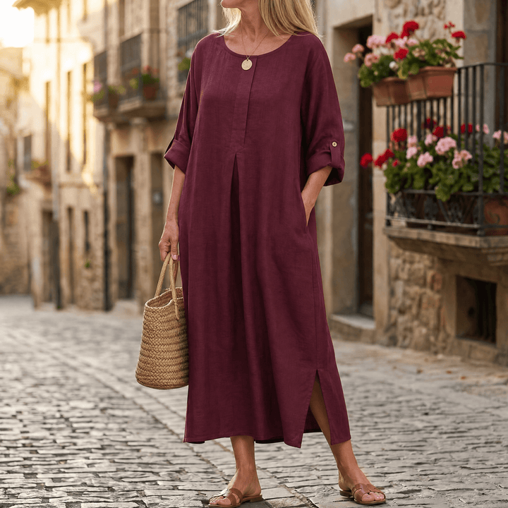 Lunavia™ – Flowy Linen-Style Maxi for Everyday Elegance Deep Red / S