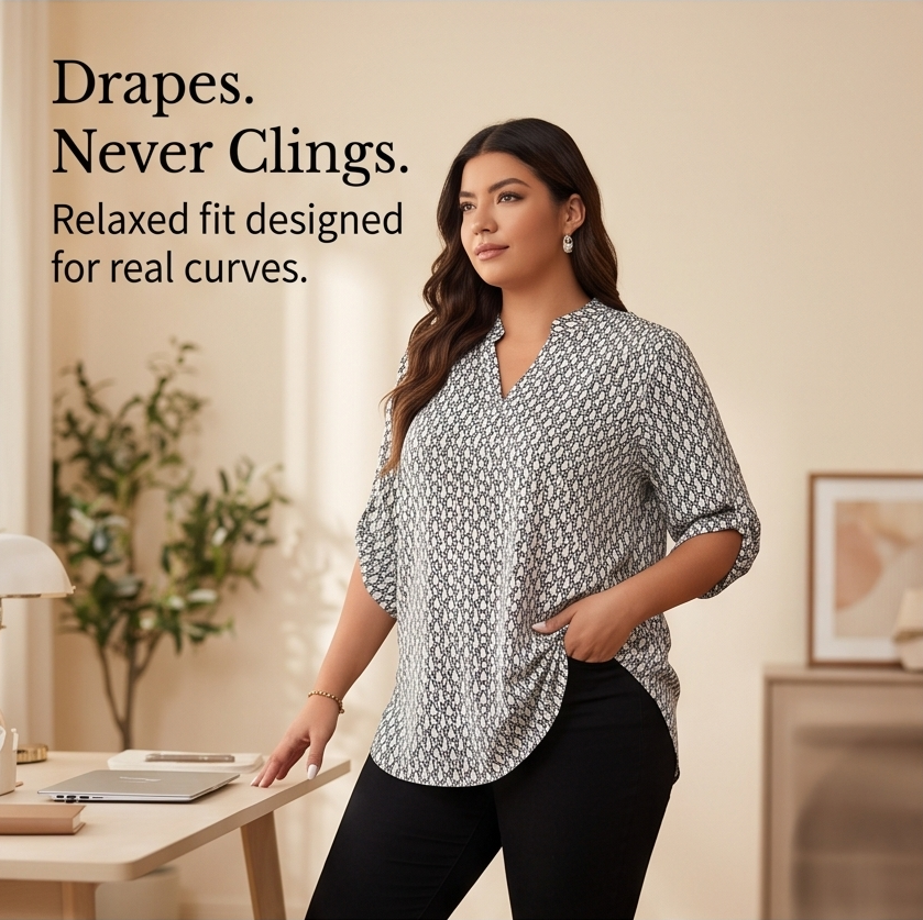 Lunavia™ Geometric V-Neck Blouse with Roll-Tab Sleeves