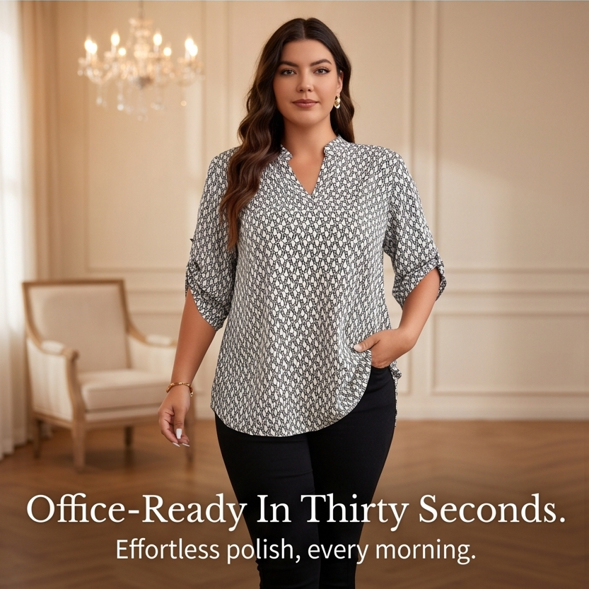 Lunavia™ Geometric V-Neck Blouse with Roll-Tab Sleeves