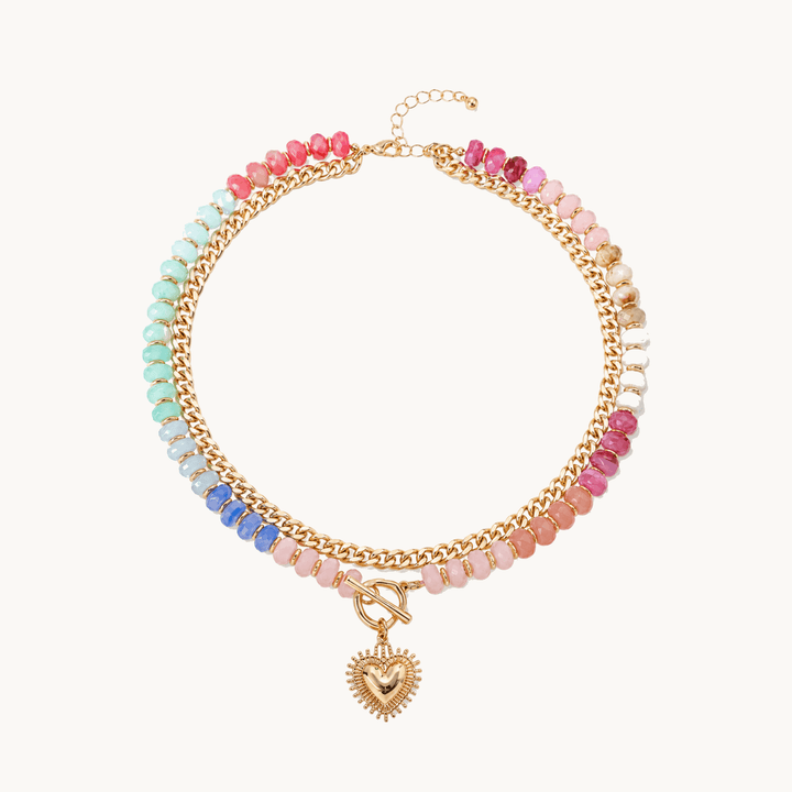Lunavia™ – Pastel Bead Layered Necklace with Gold Heart**