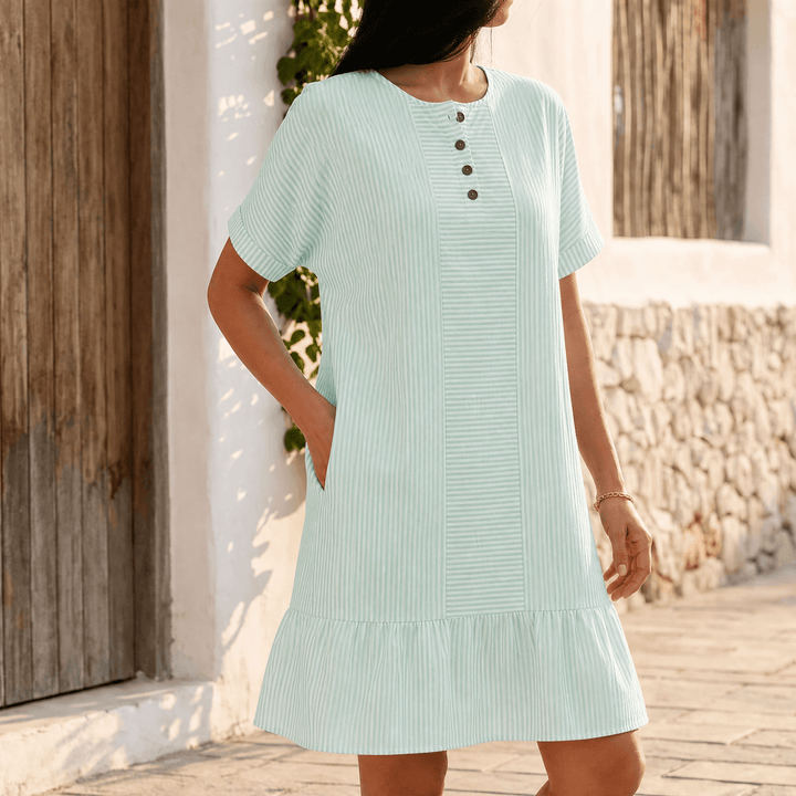 Lunavia™ - Striped Button-Placket Mini Dress with Pockets Mint / S