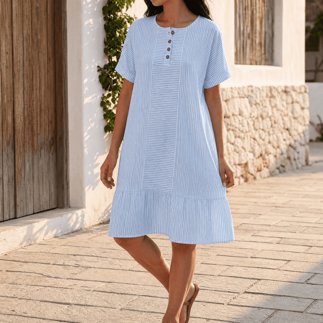 Lunavia™ - Striped Button-Placket Mini Dress with Pockets Sky Blue / S