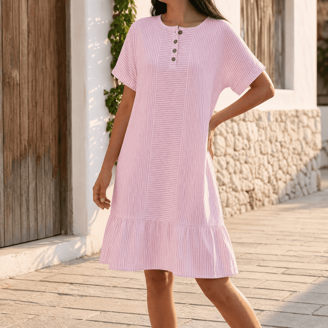 Lunavia™ - Striped Button-Placket Mini Dress with Pockets Soft Pink / S