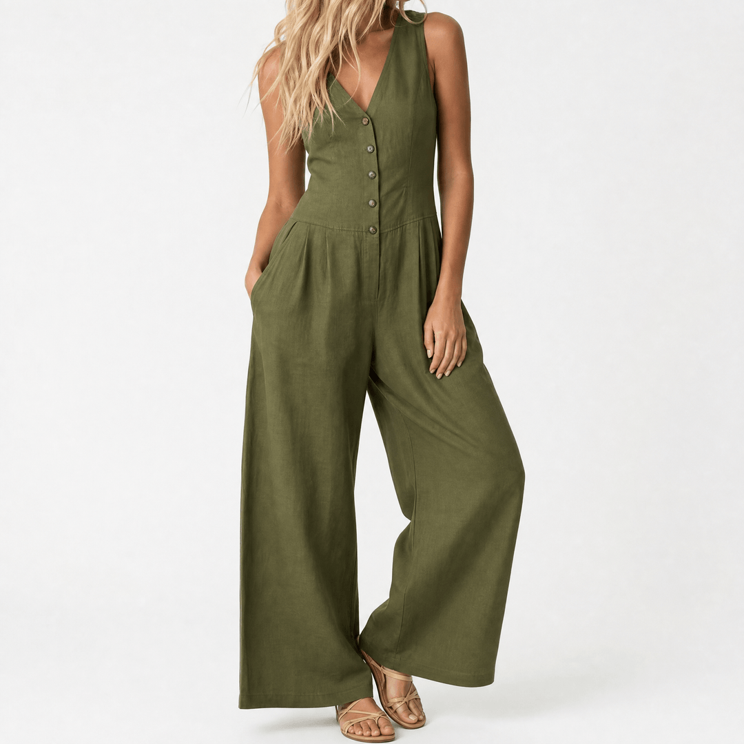 Lunavia™ - Wide-Leg Button Front Jumpsuit Green / S