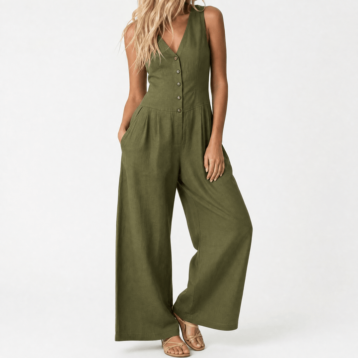 Lunavia™ - Wide-Leg Button Front Jumpsuit Green / S
