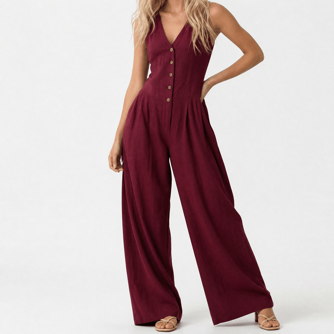 Lunavia™ - Wide-Leg Button Front Jumpsuit Red / S