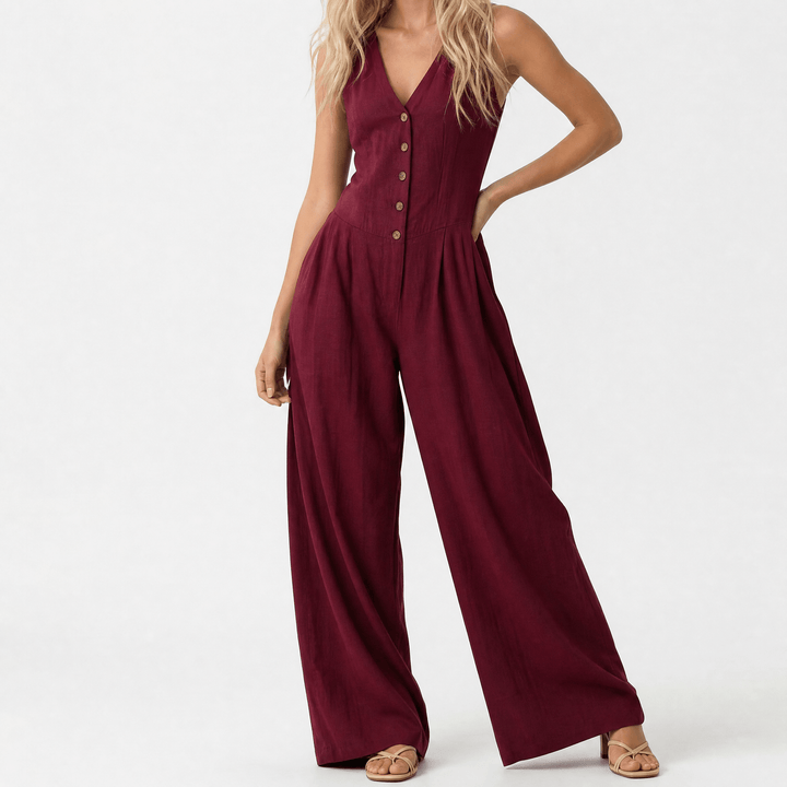 Lunavia™ - Wide-Leg Button Front Jumpsuit Red / S