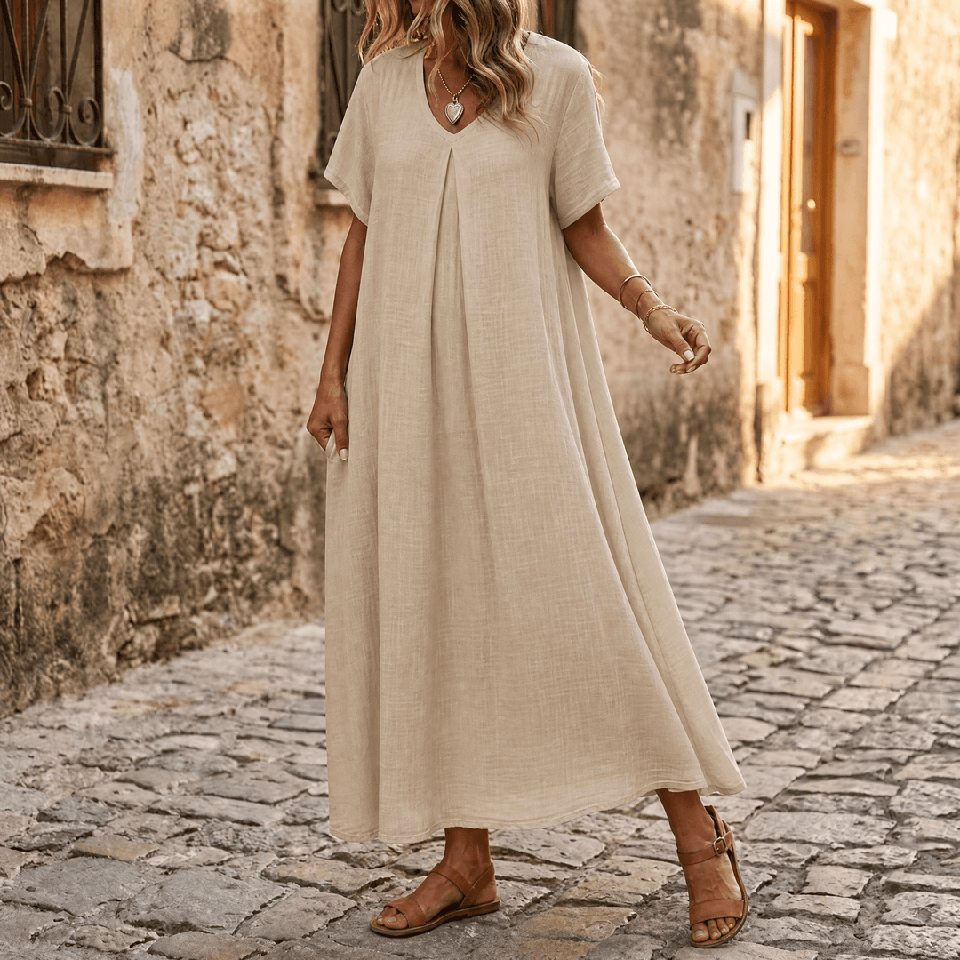 Lunessa™ – Breezy Cotton Linen Summer Dress Beige / M