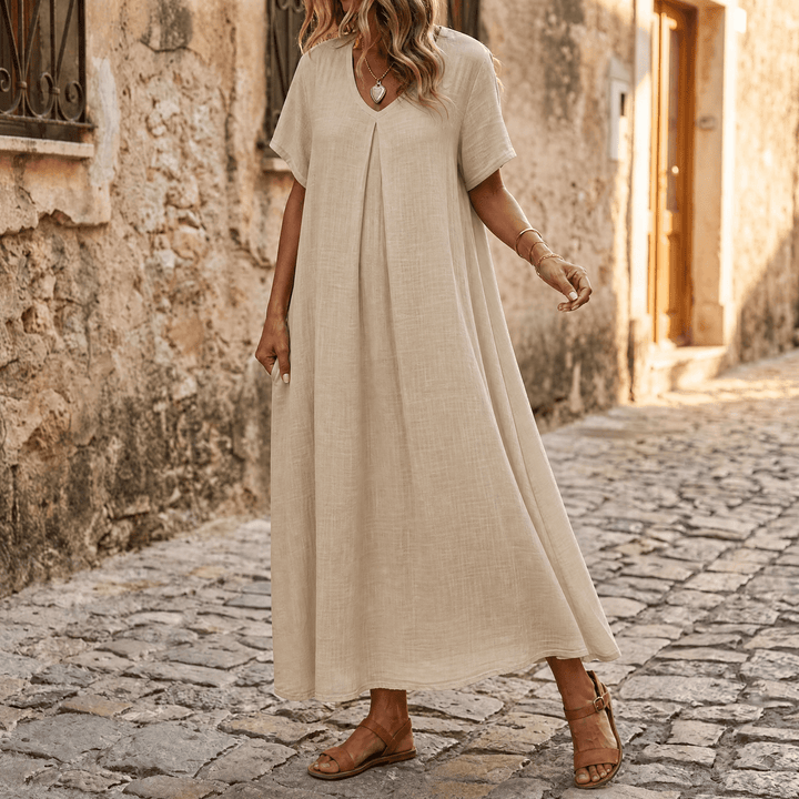 Lunessa™ – Breezy Cotton Linen Summer Dress Beige / M