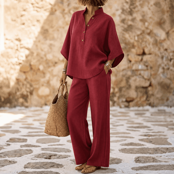 Marelle™ Breezy Linen Two-Piece Set for Warm Days Deep Red / S
