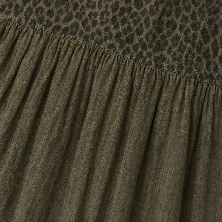 Marenza – Boho Tiered Maxi Dress with Leopard Bodice, Color-Block Skirt, V-Neck