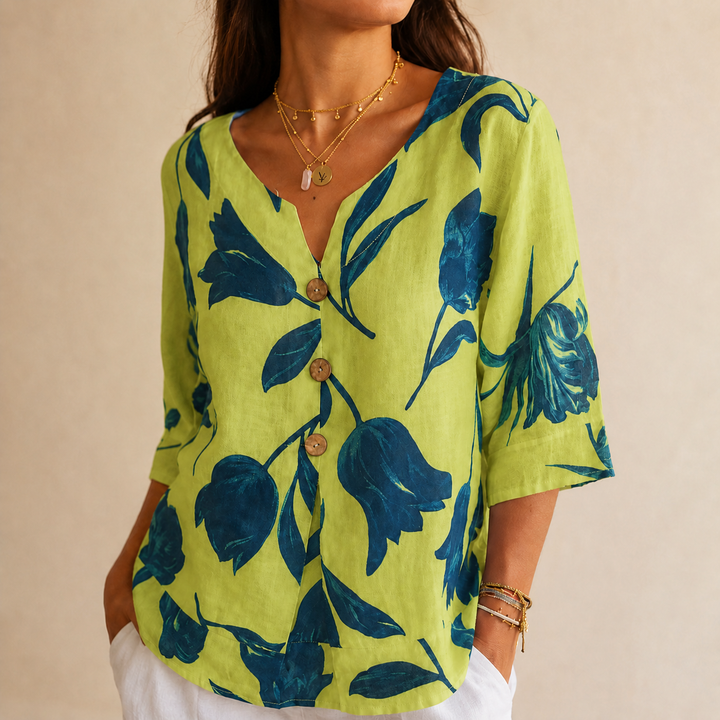 Florelle™ – Floral Linen V-Neck Popover Blouse with 3/4 Sleeves