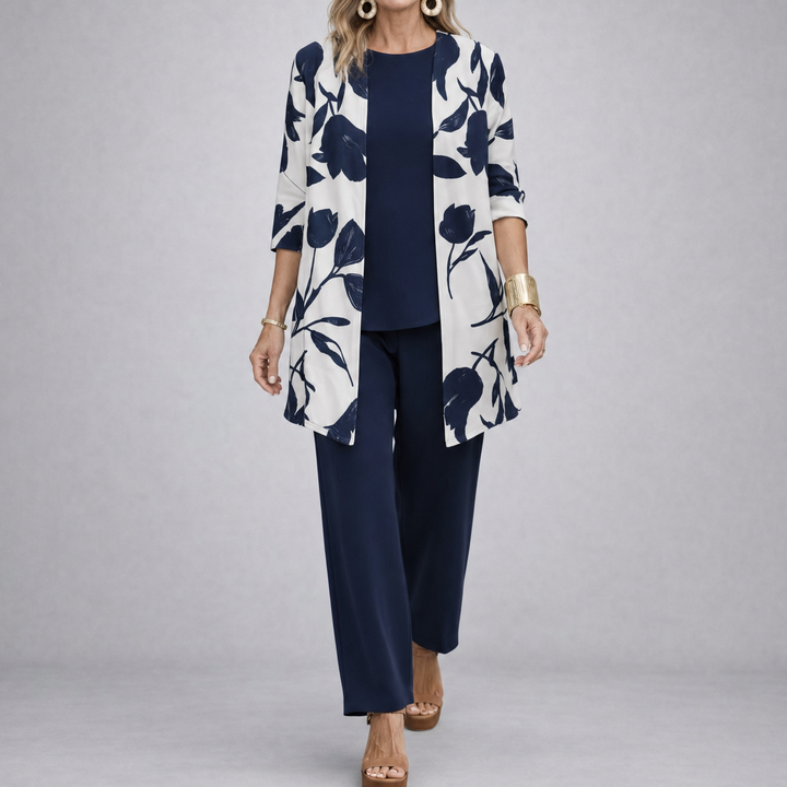 Evania™ – Women's Navy Botanical 3 Piece Outfit Set with Longline Cardigan