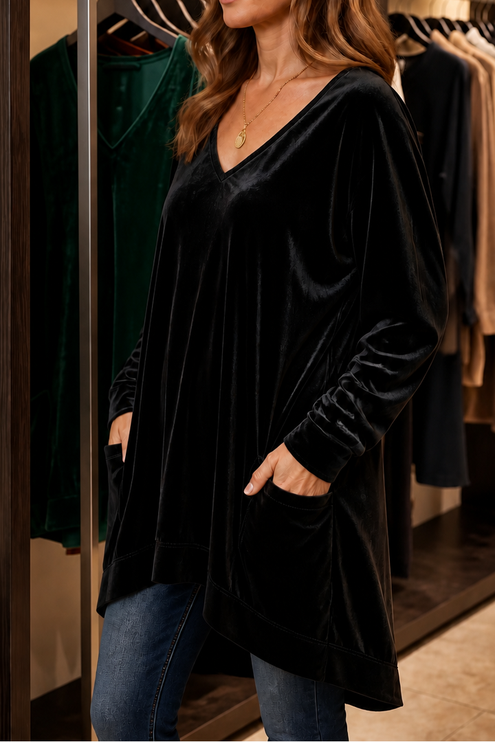 Velveau – Oversized Pocketed V-Neck Velvet Look Tunic