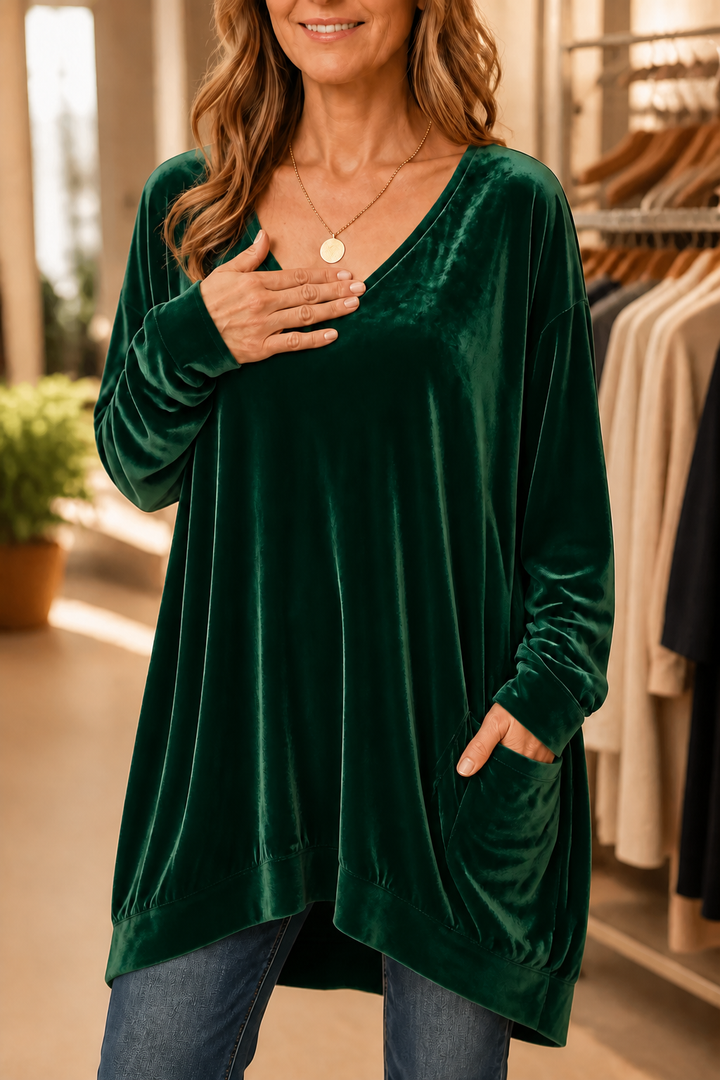 Velveau – Oversized Pocketed V-Neck Velvet Look Tunic