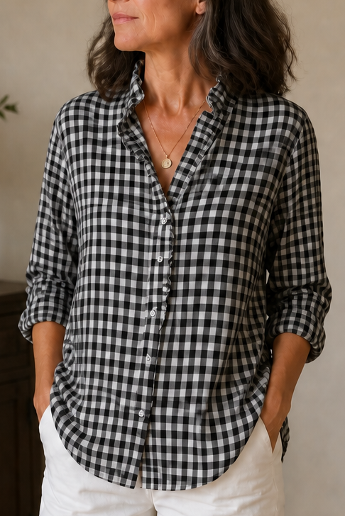 Rufina – Ruffled Collar Checked Print Blouse